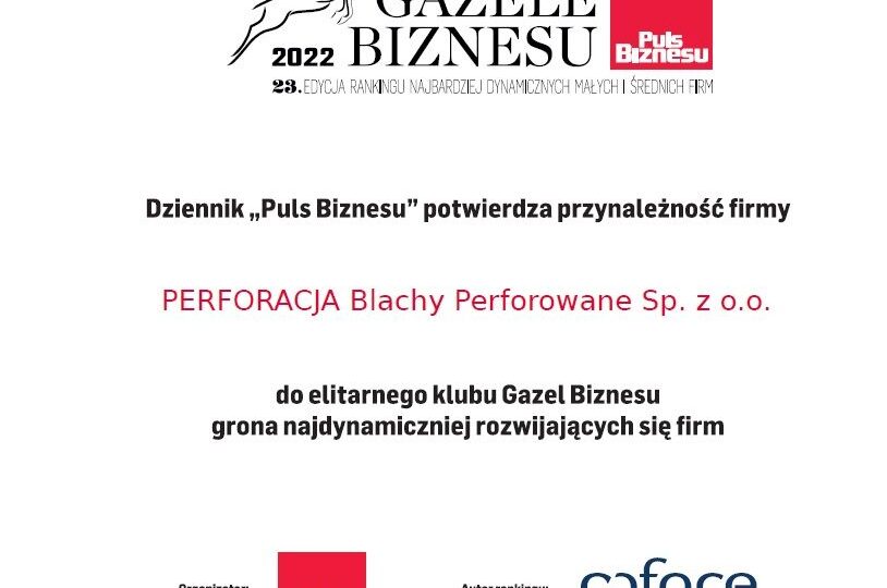 Dyplom Gazele Biznesu 2022 dla Perforacja-Blachy Perforowane