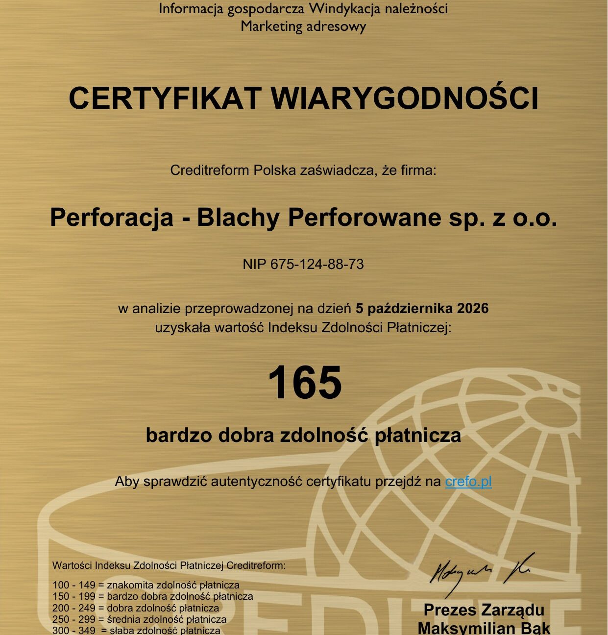 Certyfikat Wiarygodności Creditreform 2026 dla Perforacja – blachy perforowane sp. z o.o. (wersja polska)