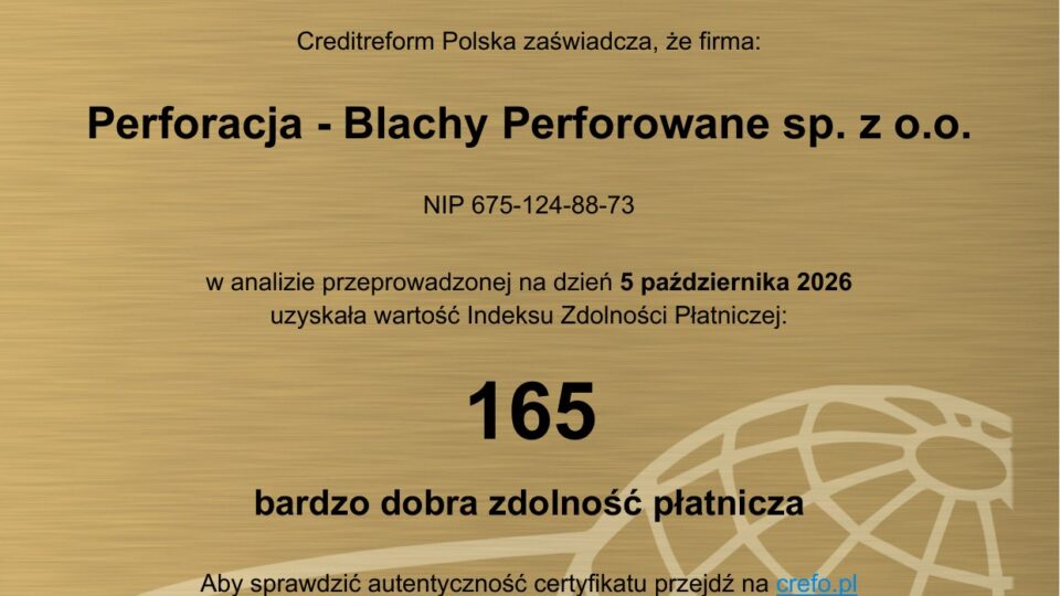 Certyfikat Wiarygodności Creditreform 2026 dla Perforacja – blachy perforowane sp. z o.o. (wersja polska)