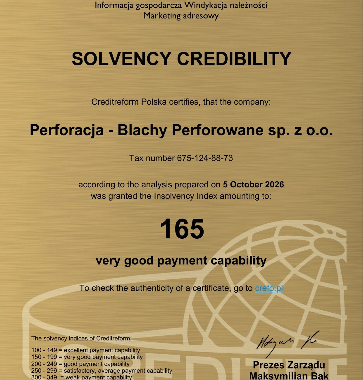 Solvency Credibility Certificate Creditreform 2026 – Perforacja (English version)