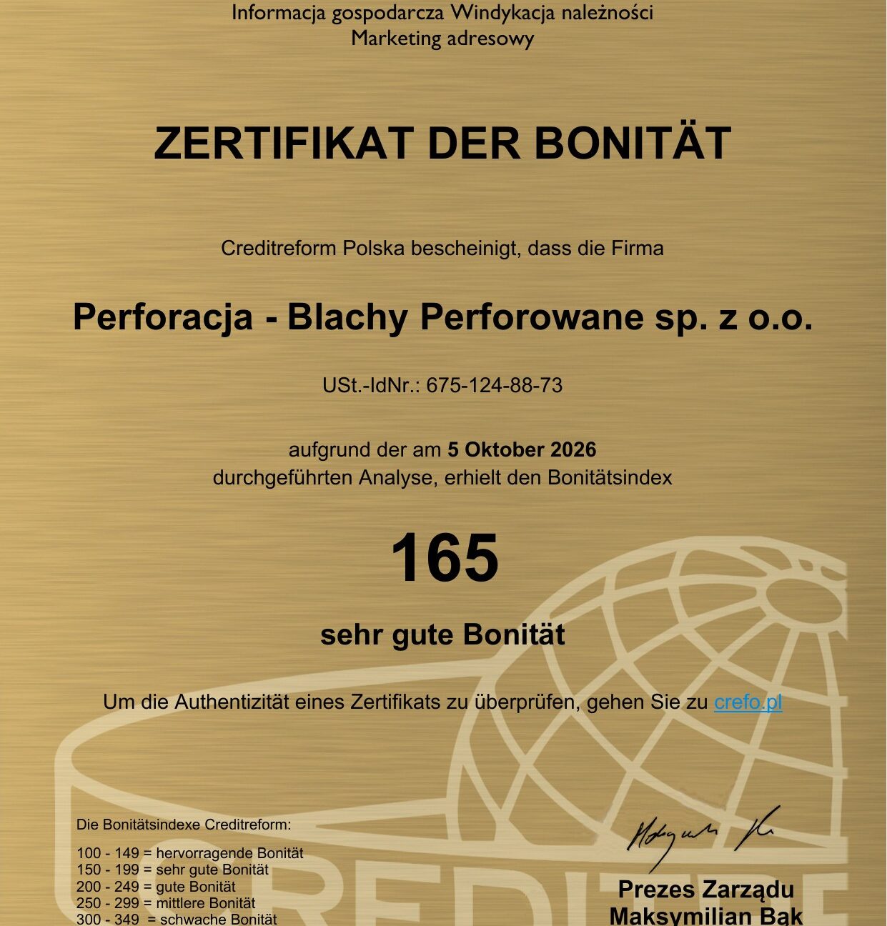 Zertifikat der Bonität Creditreform 2026 – Perforacja (deutsche Version)